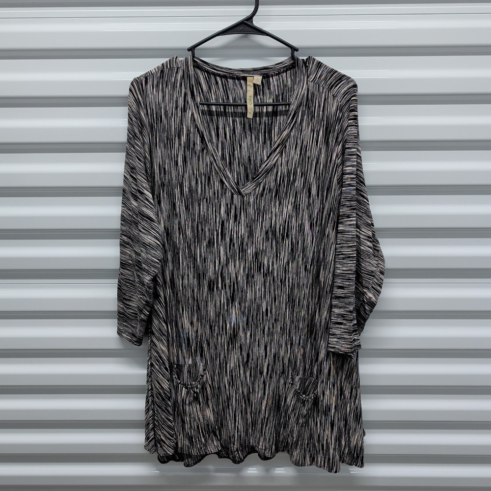 Comfy USA Tunic Top‎ L Women Black White Space Dye V-Neck 3/4 Sleeve Pockets